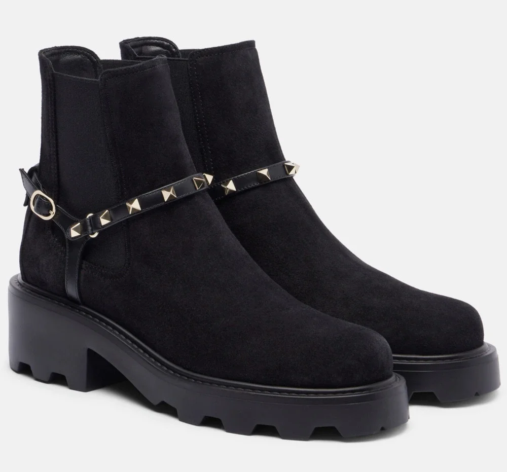 Valentino Rockstud Beatle Black Suede 55mm Short Ankle Flat Chelsea Boot 36.5